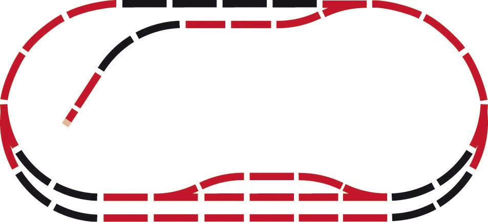 Un schéma d'un circuit de course de forme ovale, avec un tracé de lignes rouge et noir représentant les voies de circulation.