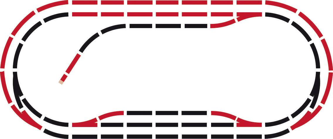 Piste de course de forme ovale avec section de tracé dérivée, marquée par des lignes rouges et noires, montrant des changements de direction.