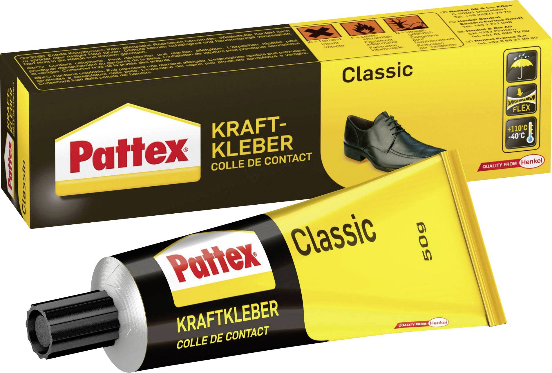 Un tube jaune de colle 'Pattex Classic Kraftkleber' avec son emballage correspondant montre une image de chaussure. Adapté pour les applications flexibles.