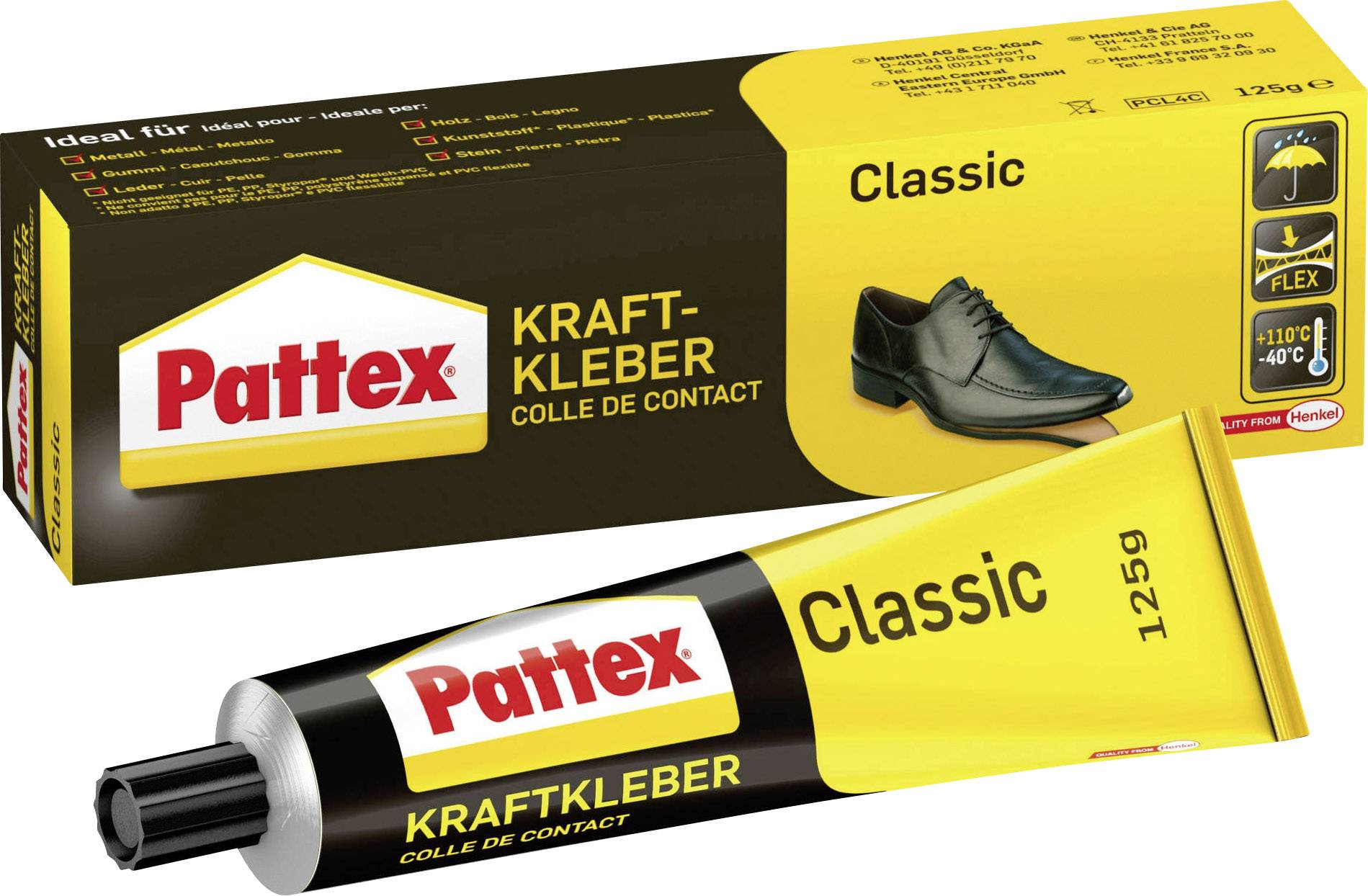 Tube et emballage de 'Pattex Kraftkleber Classic'. Adapté au cuir, résistant à la chaleur et au froid comme illustré.