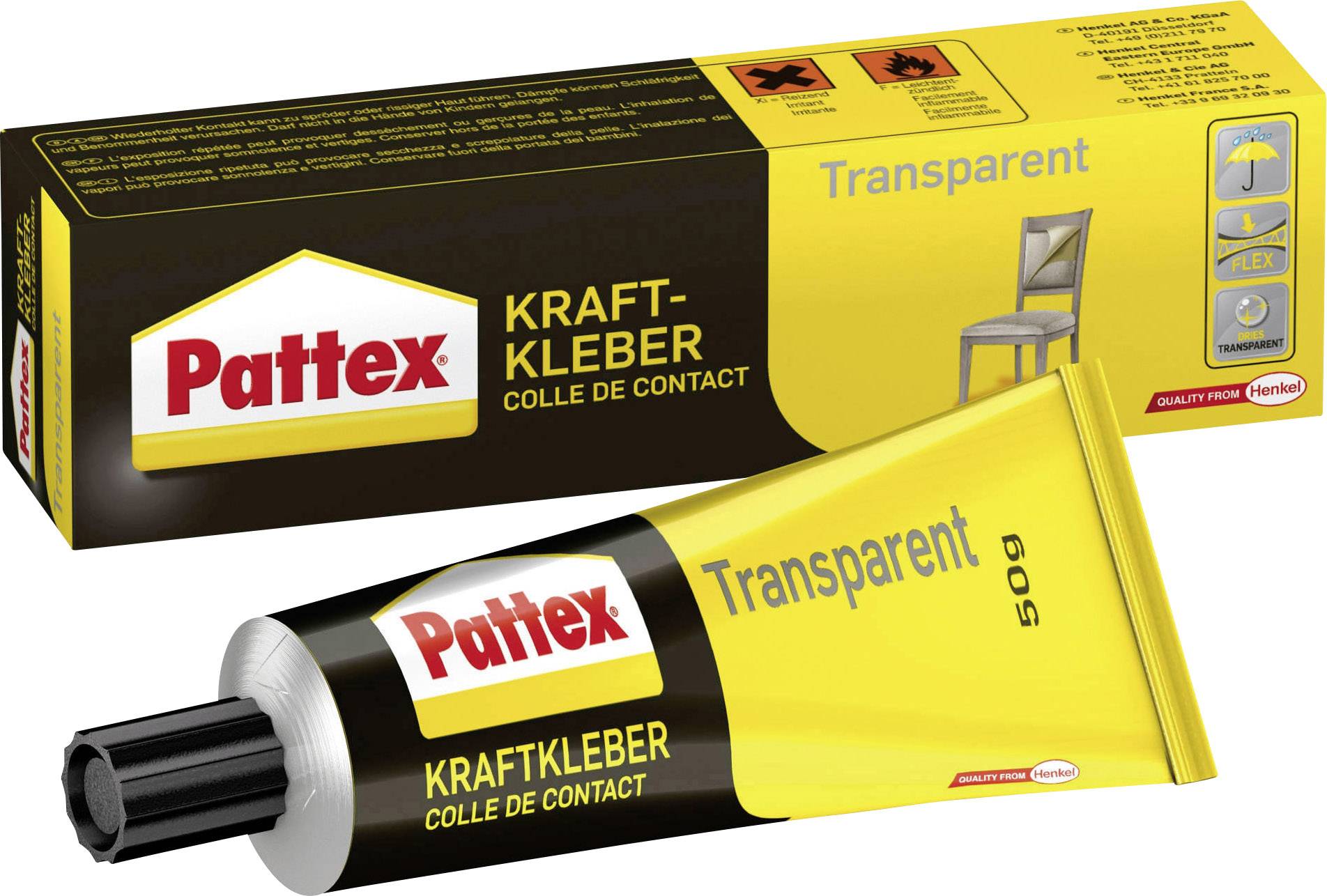 Un tube de colle Pattex Kraftkleber Transparent jaune et noir est posé devant son emballage correspondant. La colle convient à différents matériaux.