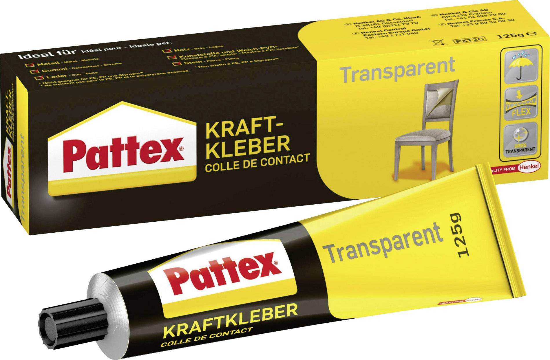 Pattex Colle Forte, tube de 125g, sur l'emballage. Utilisation pour meubles, assemblage flexible et transparent.