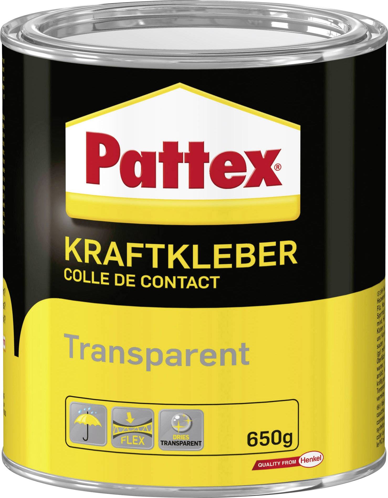 Boîte de 'Pattex Colle Forte', colle de contact, transparente, 650g. Contient des symboles de flexibilité et de transparence.