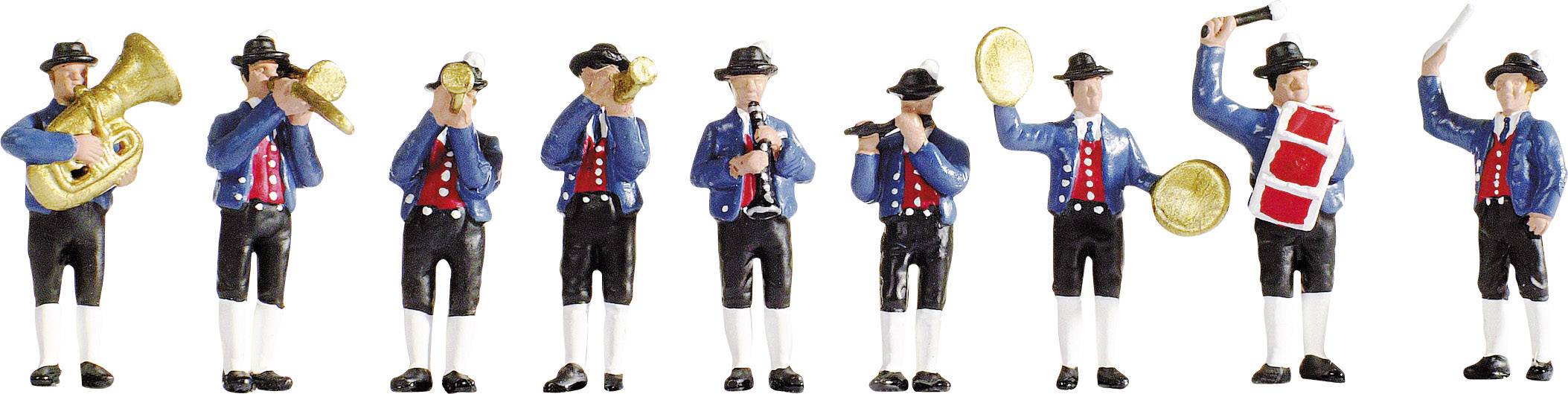 Huit figurines de jouets vêtues de costumes traditionnels bavarois jouent divers instruments à vent et tambours en rang.
