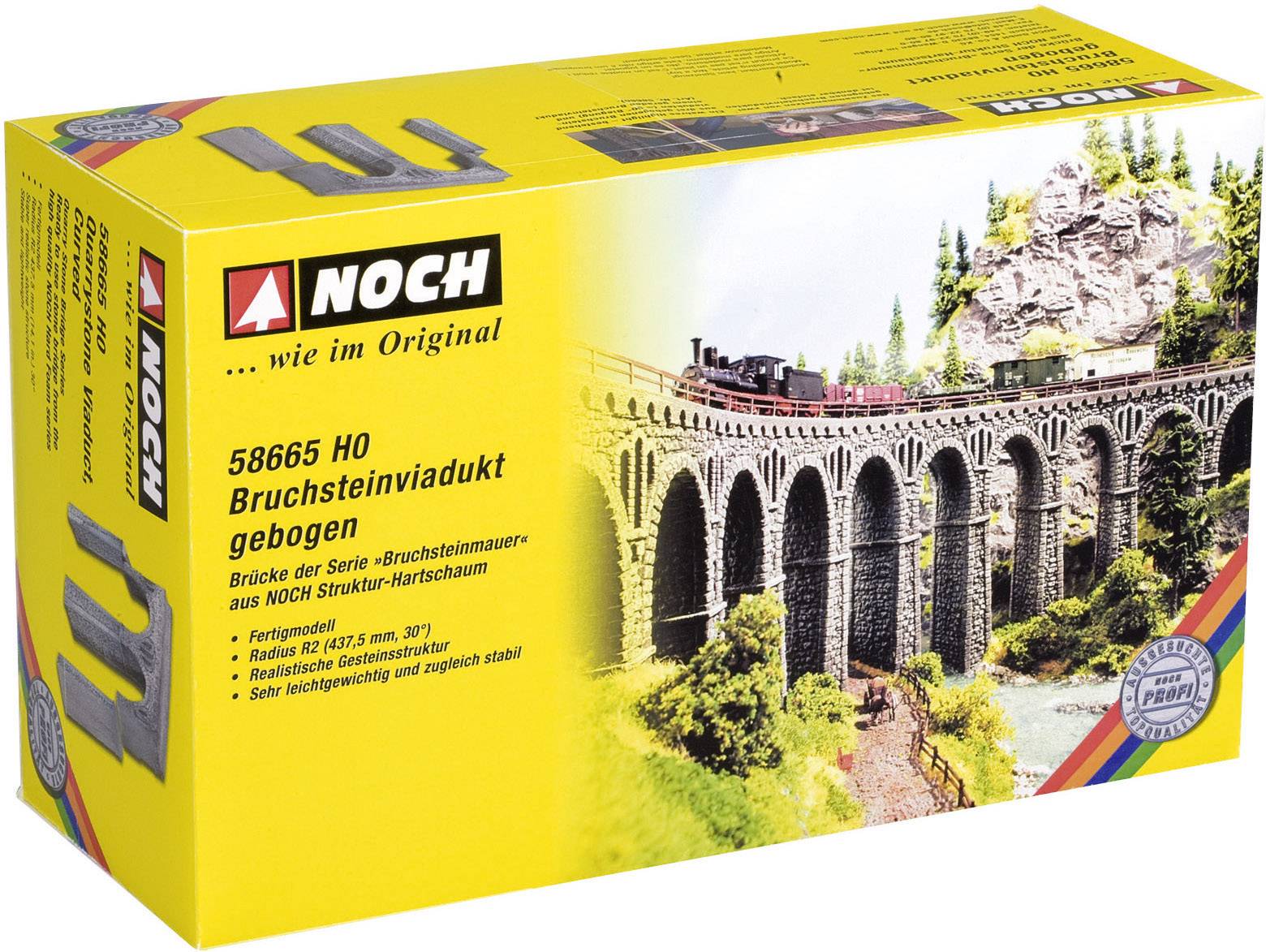 Emballage d'un viaduc de train miniature de NOCH, montrant un pont ferroviaire dans un paysage modélisé. Comprend des informations sur la série et l'échelle H0.