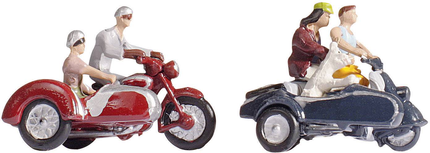Deux modèles réduits : Une moto rouge avec side-car, un conducteur portant un casque de protection. À côté, une moto bleue avec un conducteur et un passager dans le side-car.