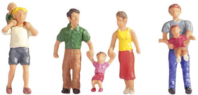 Un groupe de quatre personnages : Deux adultes avec un enfant sur les épaules et un couple tenant un jeune enfant par la main.
