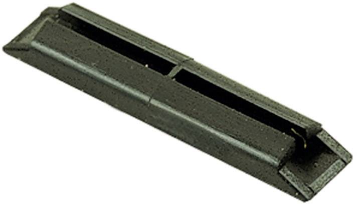 Une pièce en plastique noir rectangulaire avec une ouverture au centre. Elle ressemble à un support ou à un rail de guidage.
