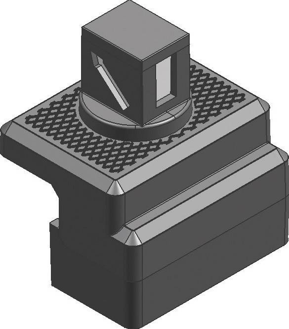 Un modèle 3D d'une pièce mécanique métallique avec un embout carré et une plateforme striée, probablement un accessoire d'outil.