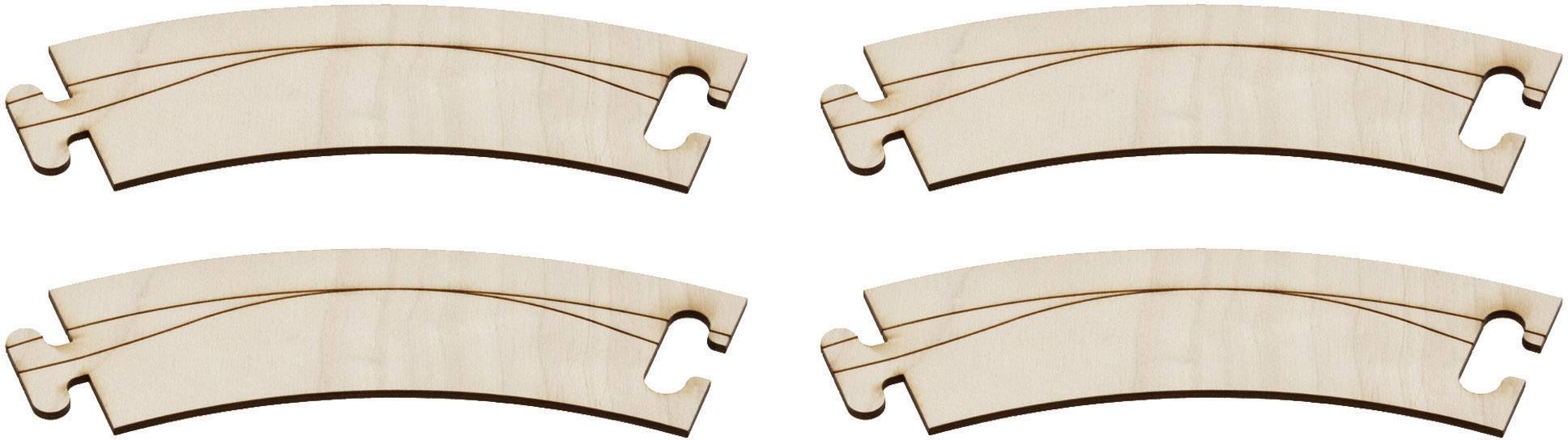 Quatre rails de chemin de fer en bois courbés avec des connexions par emboîtement, disposés en deux rangées.