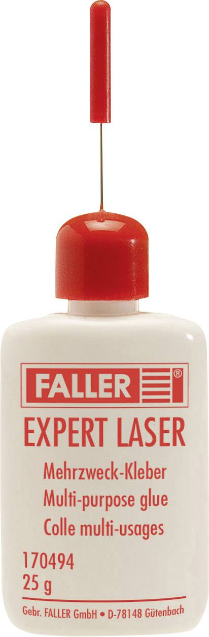Bouteille à capuchon rouge et pointe fine, étiquetée 'Faller Expert Laser Colle multifonction'. Contient 25 g de colle multifonction.