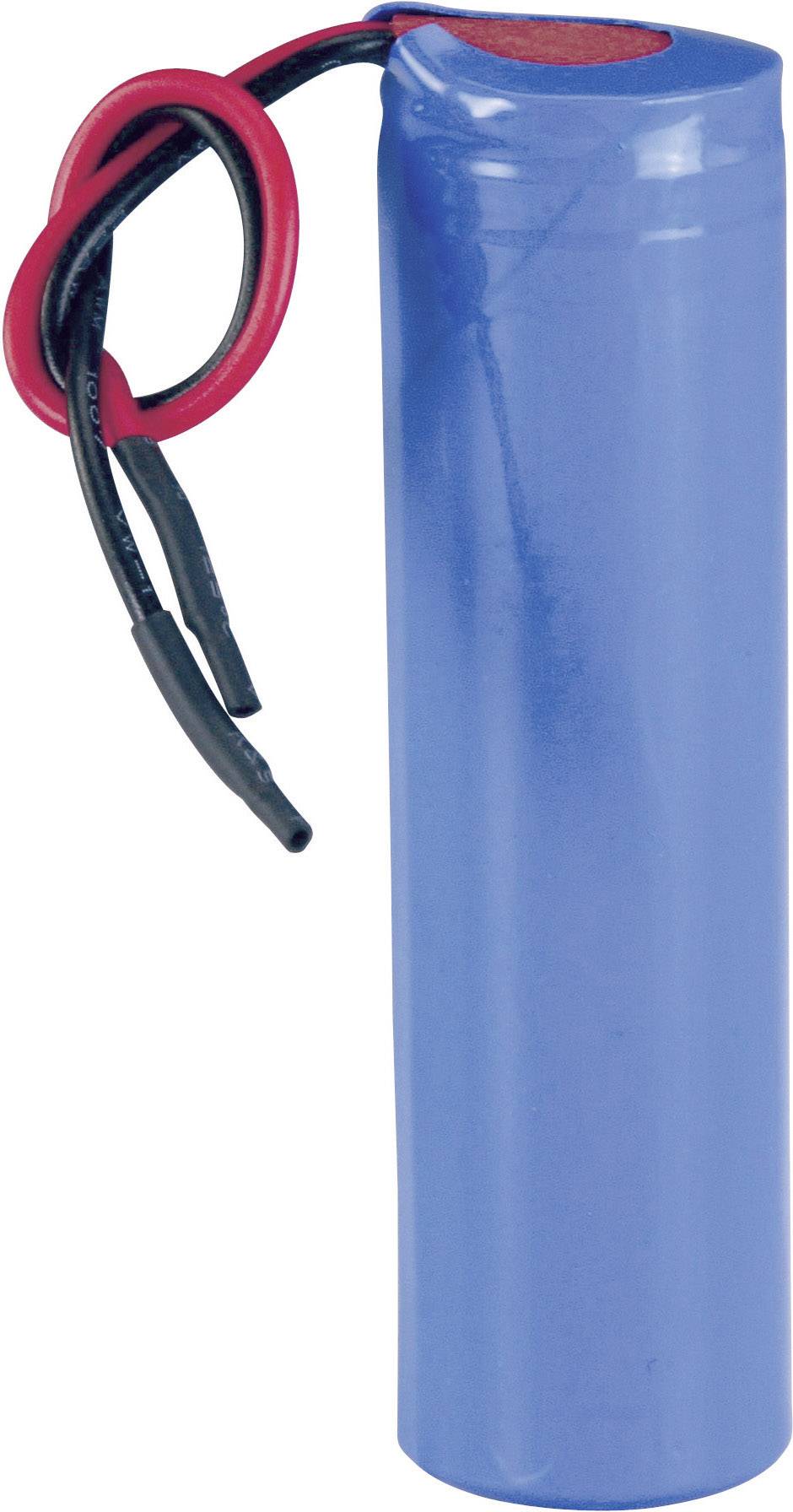 Une batterie cylindrique bleue avec des câbles rouges et noirs saillants, probablement adaptée aux appareils électroniques.