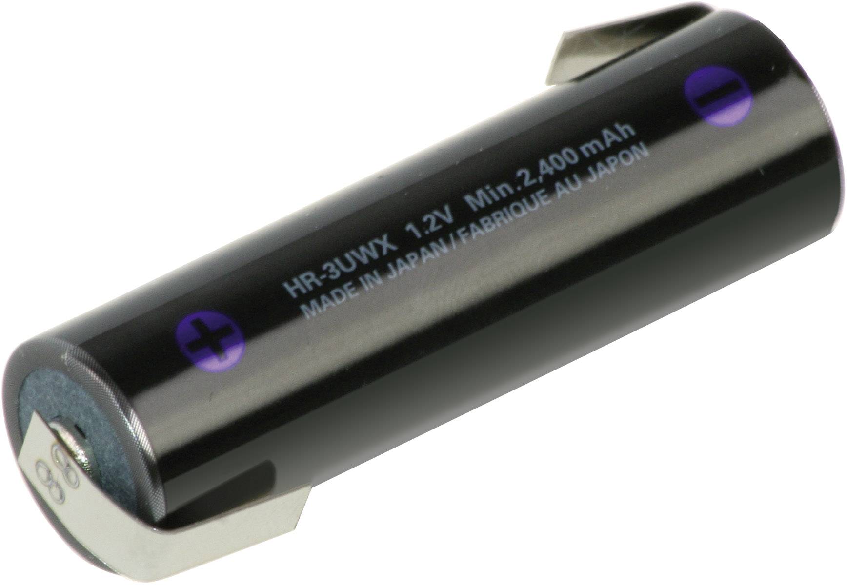 Une batterie rechargeable AA noire avec des marquages plus et moins. Capacité : 2400 mAh, tension : 1,2V.