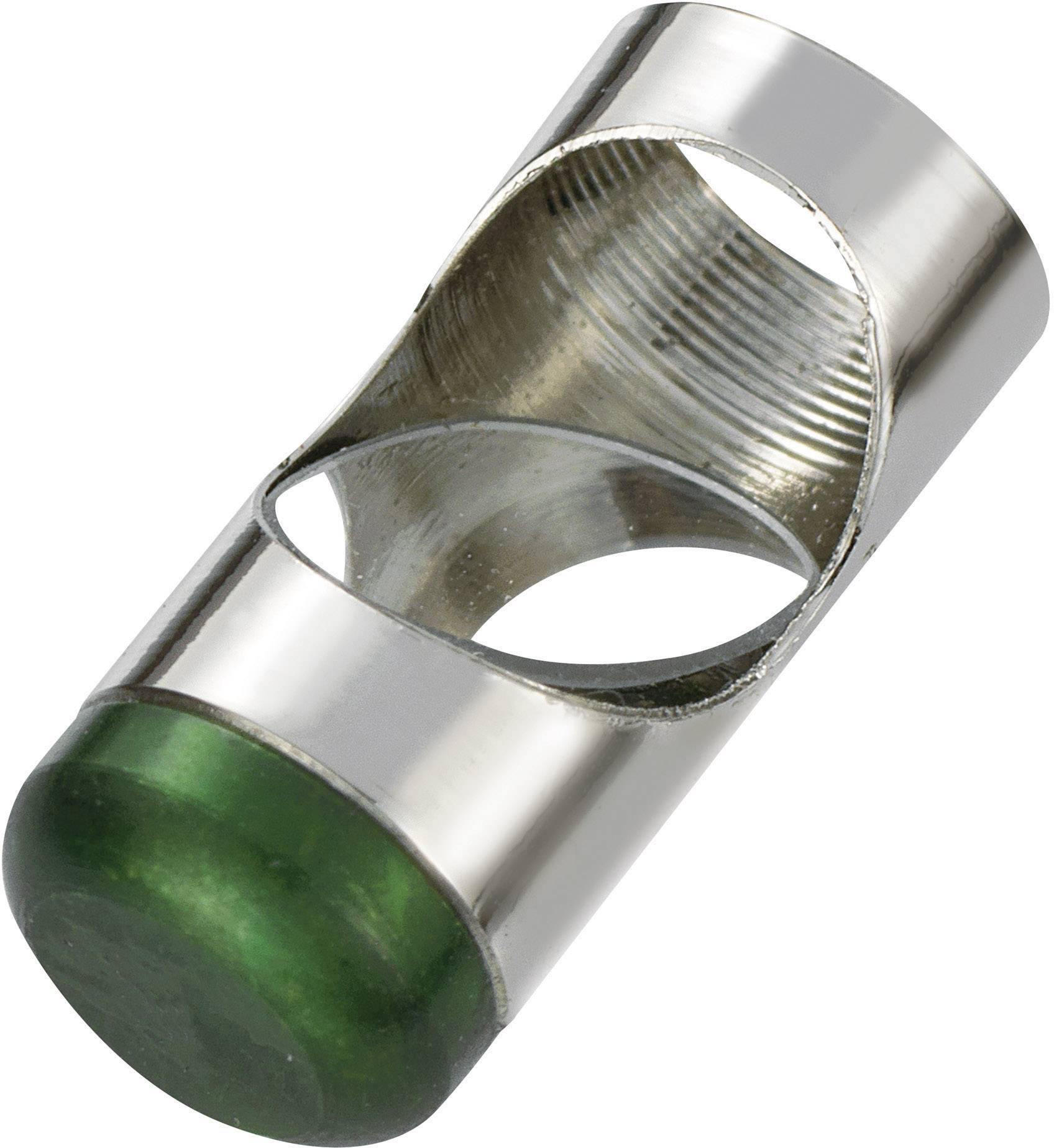 Slide métallique pour cordes de guitare avec embout en plastique vert, de forme cylindrique, ouvert sur un côté.