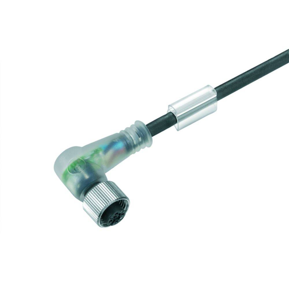 Un câble noir avec un connecteur coudé transparent et une terminaison métallique.