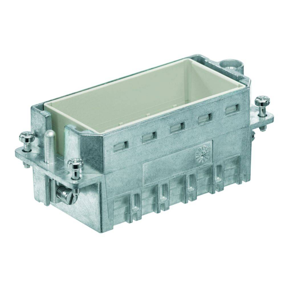 Boîtier métallique pour connecteurs industriels, forme rectangulaire, avec verrouillage par vis, adapté aux environnements difficiles.