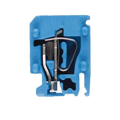 Un clip de sécurité électrique bleu, rectangulaire, avec des parties métalliques visibles et des éléments de fixation, utilisé dans les installations électriques.