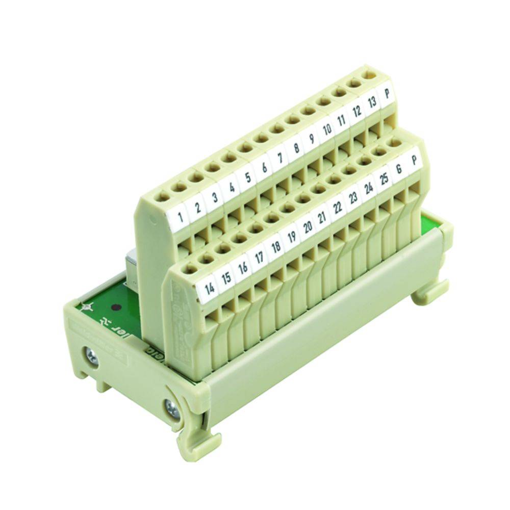 Une barrette de connexion verte à deux rangées avec des bornes numérotées de 1 à 16. Elle sert à connecter des conducteurs électriques.