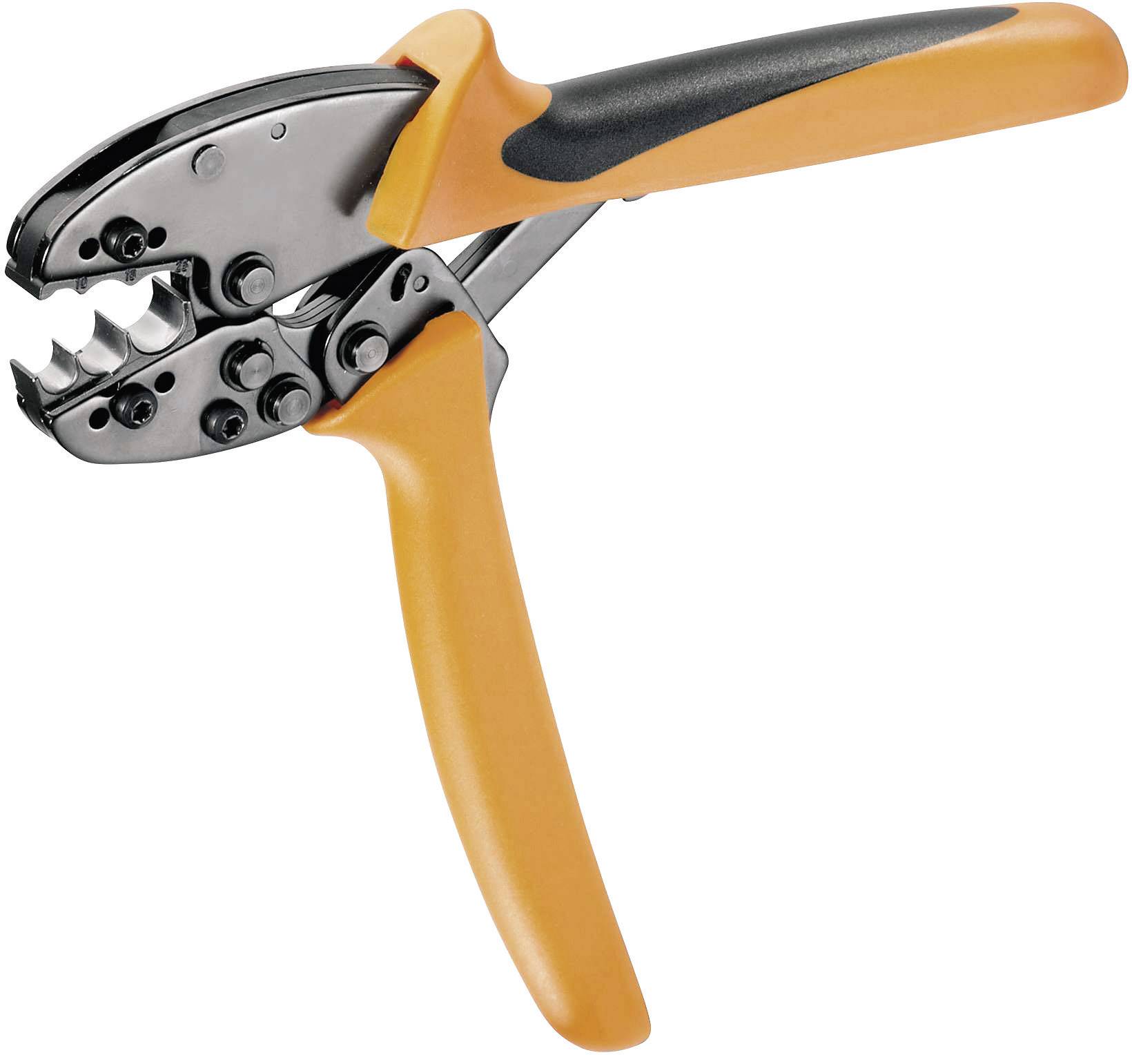 Un outil de sertissage orange et professionnel avec une poignée noire pour comprimer des connecteurs de câbles ou des fiches réseau.