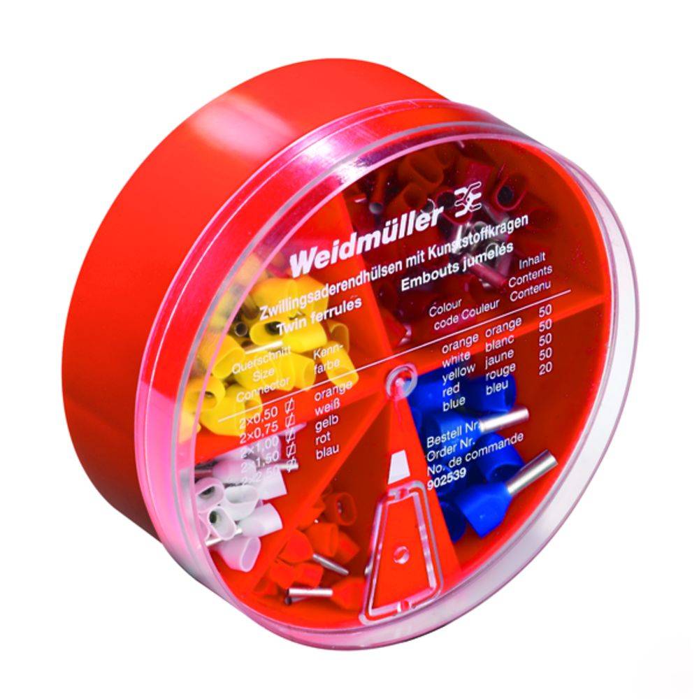 Boîte ronde en plastique rouge contenant différentes gaines isolantes colorées, rangées par taille et par couleur, portant l'inscription 'Weidmüller'.