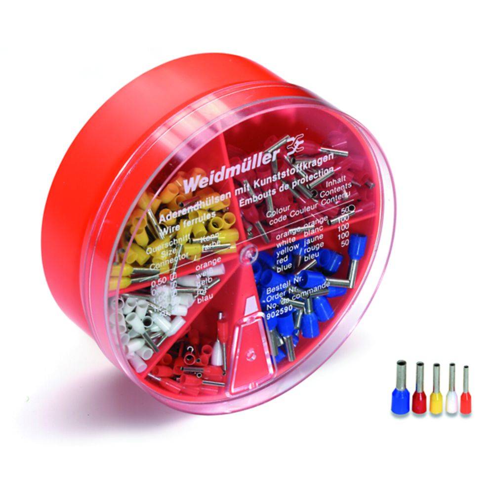 Boîte ronde Weidmüller avec embouts de câble dans différentes couleurs et tailles ; 1 050 pièces au total.