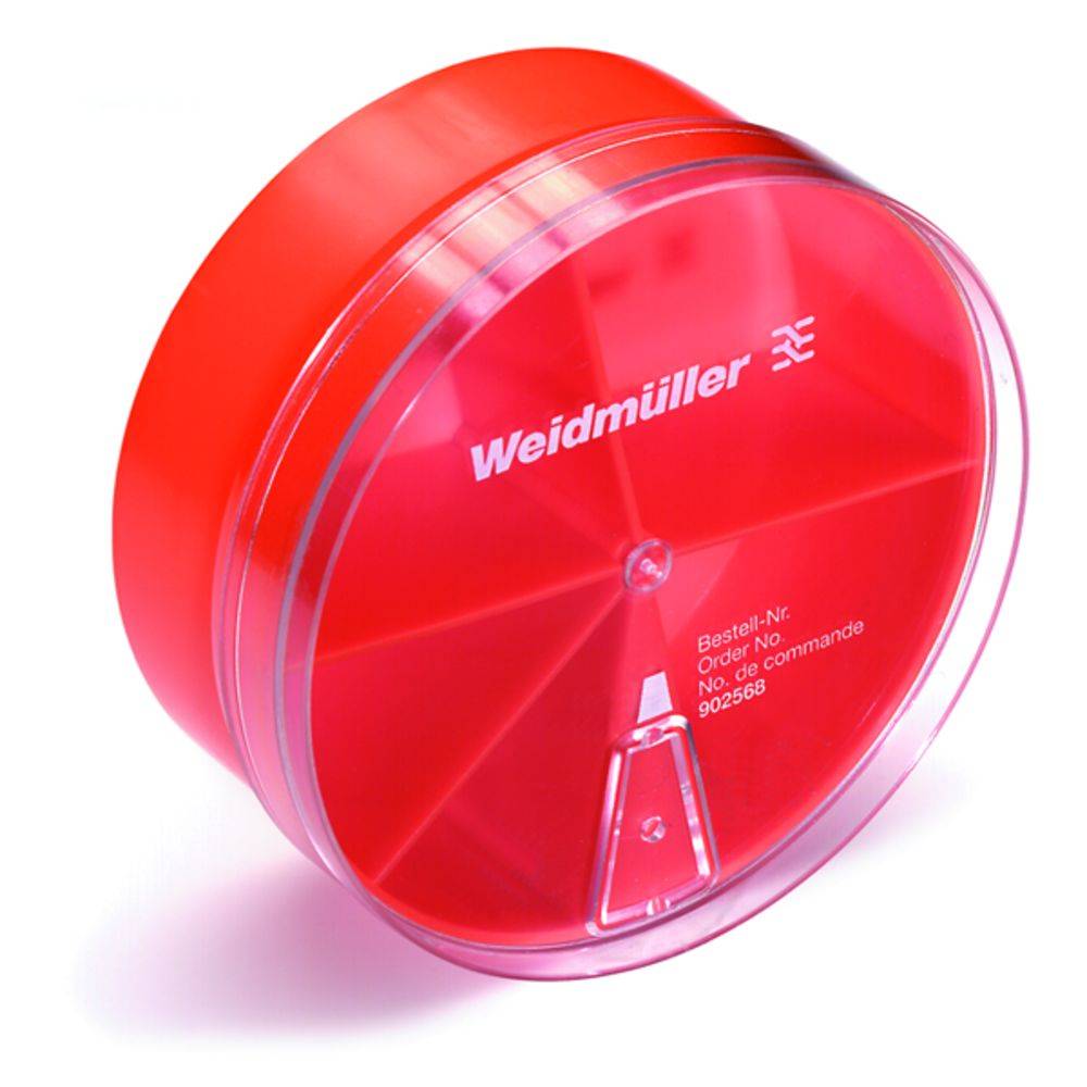 Boîte ronde rouge avec couvercle transparent, portant l'inscription 'Weidmüller' et le numéro de commande '902548'.