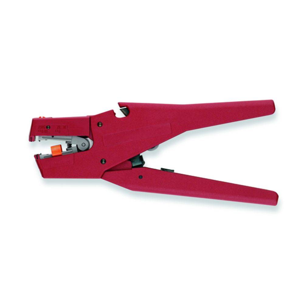 Pince à dénuder rouge pour retirer l'isolation des câbles, avec une poignée ergonomique pour une manipulation confortable.