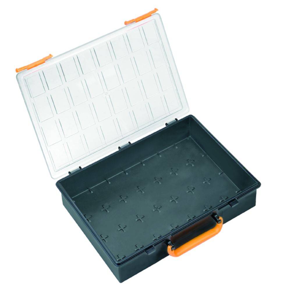 Une mallette à outils vide avec un fond noir et un couvercle transparent. La poignée et les charnières sont orange.