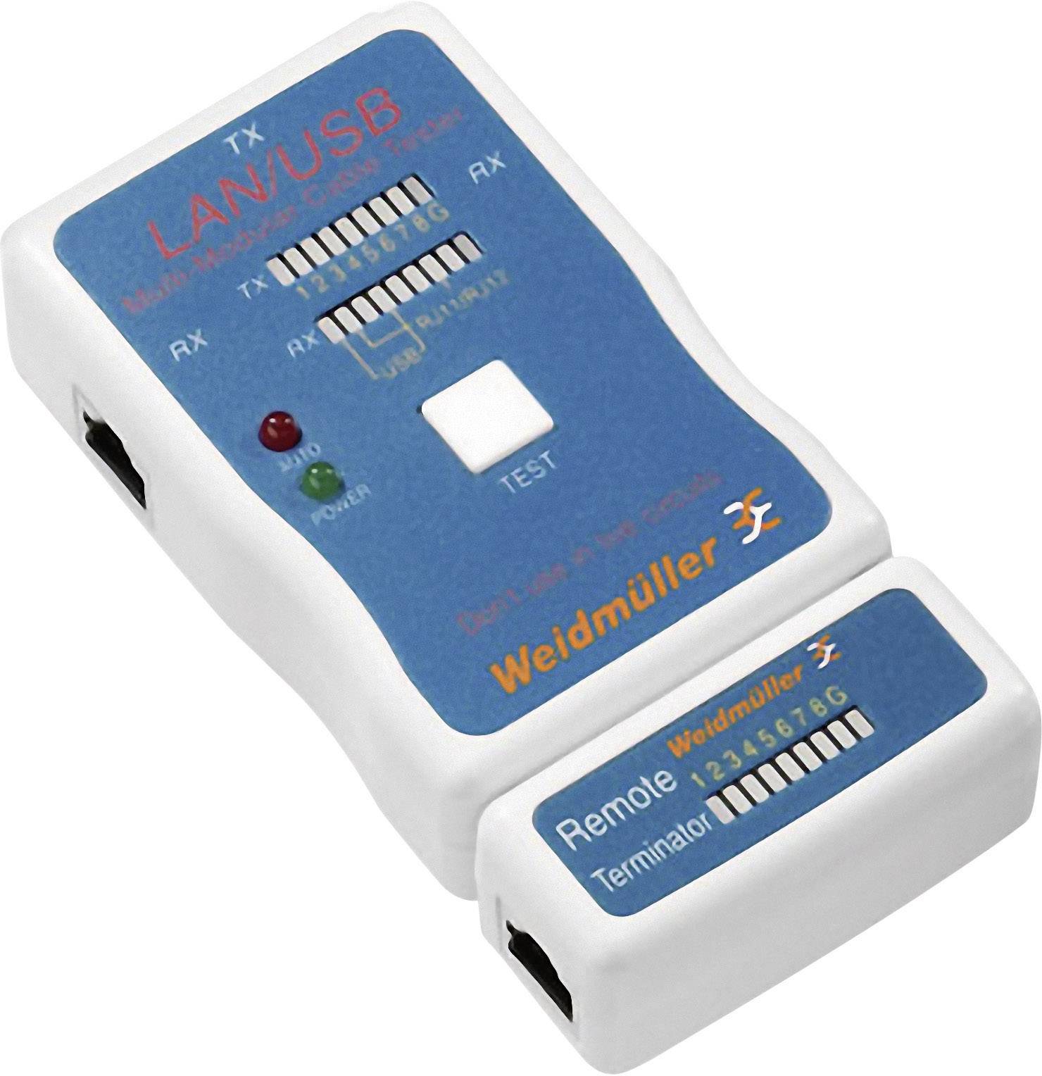 Testeur USB LAN Weidmüller avec connexions, LED pour indication de test et un terminateur distant. Boîtier blanc, impression bleue.