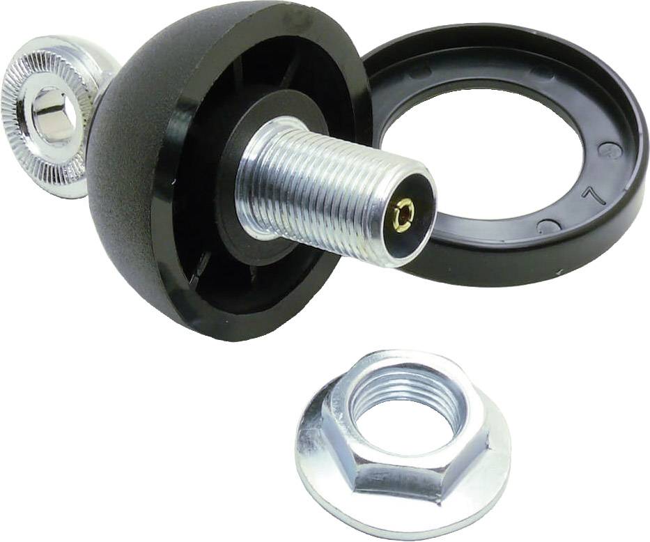 Un boulon métallique avec une rondelle en plastique et en métal, ainsi qu'un écrou, adapté pour des fixations mécaniques.