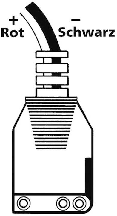 Un diagramme montre une prise électrique avec des câbles. Un câble rouge est marqué '+' et un câble noir est marqué '–'.