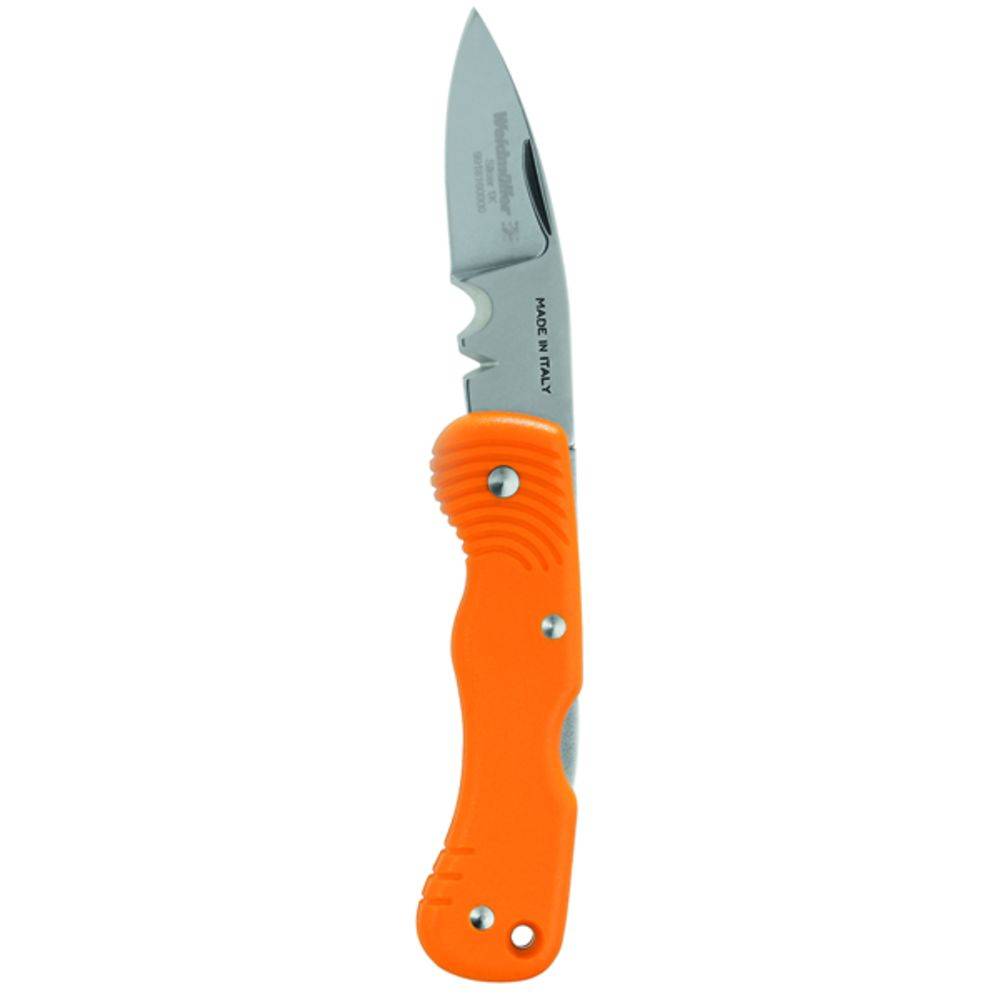 Un couteau pliant avec une poignée orange et une lame argentée.