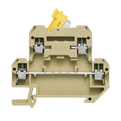 Un bloc de jonction modulaire beige pour connexions électriques, avec un élément de sécurité jaune en haut, monté sur un rail DIN.