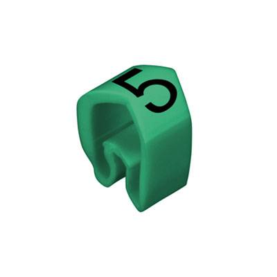 Clip en plastique vert portant le numéro noir '5', utilisé pour fixer ou marquer des objets.