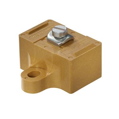 Un composant industriel jaune avec un fermoir métallique, utilisé pour la fixation.