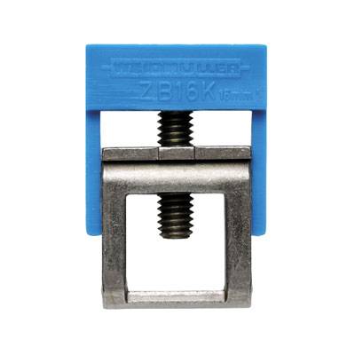 Weidmüller ZB16K 16mm, pince métallique avec un capuchon en plastique bleu, servant à la fixation sécurisée des câbles.