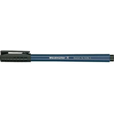 Stylo bleu avec capuchon noir de la marque Weidmüller, réf. 5084-0, posé horizontalement.