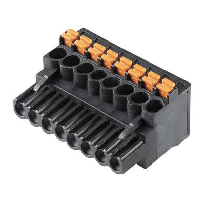 Connecteur électrique avec dix emplacements répartis sur deux rangées. La rangée supérieure possède des broches orange, la rangée inférieure des broches noires.