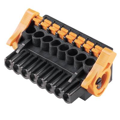 Connecteur électrique multipolaire avec bornes noires et leviers oranges pour une connexion sécurisée des fils.