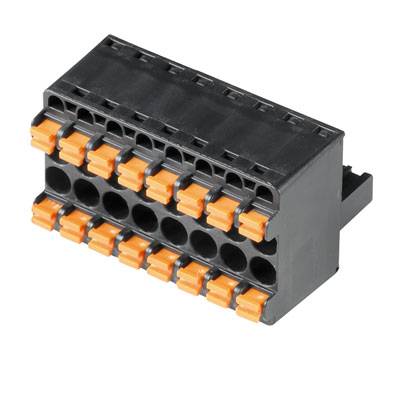 Connecteur noir et orange avec 16 broches disposées en deux rangées. Convient pour les connexions de câbles dans des applications électriques.