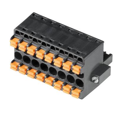 Un connecteur électronique noir avec plusieurs ports oranges, adapté aux circuits électriques.