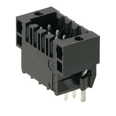 Connecteur noir rectangulaire avec plusieurs broches métalliques, adapté aux circuits électroniques et aux connexions.