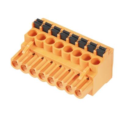 Connecteur orange multipoints avec bornes noires. Adapté pour les connexions électriques.