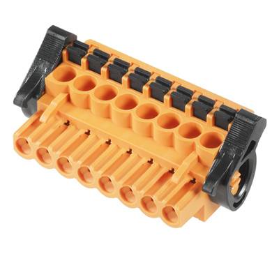 Connecteur électrique orange à broches multiples avec des bornes noires sur les côtés. Conçu pour les connexions électriques.