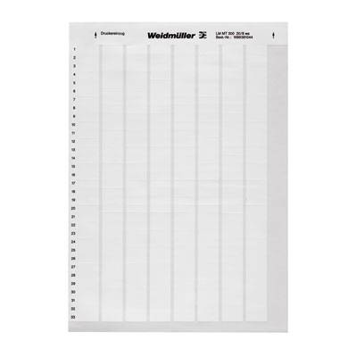 Feuille d'étiquettes blanches de Weidmüller avec de la place pour 30 étiquettes, numérotées de 1 à 30 sur le côté gauche.