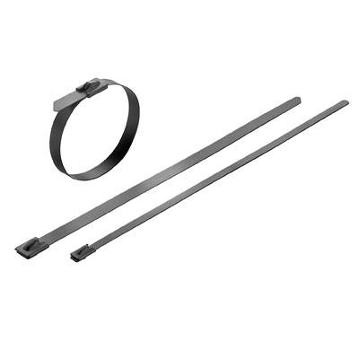 Deux colliers de serrage noirs, l'un est fermé, l'autre ouvert et posé à plat. Ils sont en plastique et servent à fixer des objets.