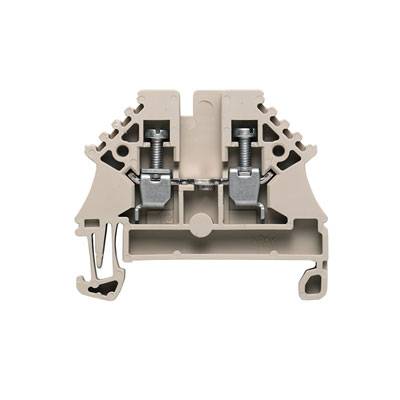 'Image d'un bloc de raccordement en plastique gris avec des éléments métalliques et des connexions à vis, utilisé dans les armoires électriques.'