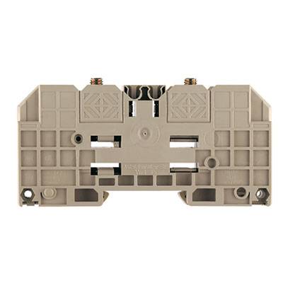 Bloc de connexion beige à deux vis en haut, de forme rectangulaire et au design quadrillé, principalement utilisé pour les connexions électriques.
