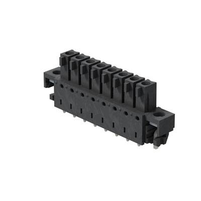 Connecteur en plastique noir avec plusieurs bornes rectangulaires, deux dispositifs de fixation latéraux, adapté pour le montage sur circuit imprimé.