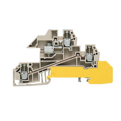 Une borne avec plusieurs connexions métalliques et bornes sur un boîtier jaune, utilisée pour les circuits électriques.